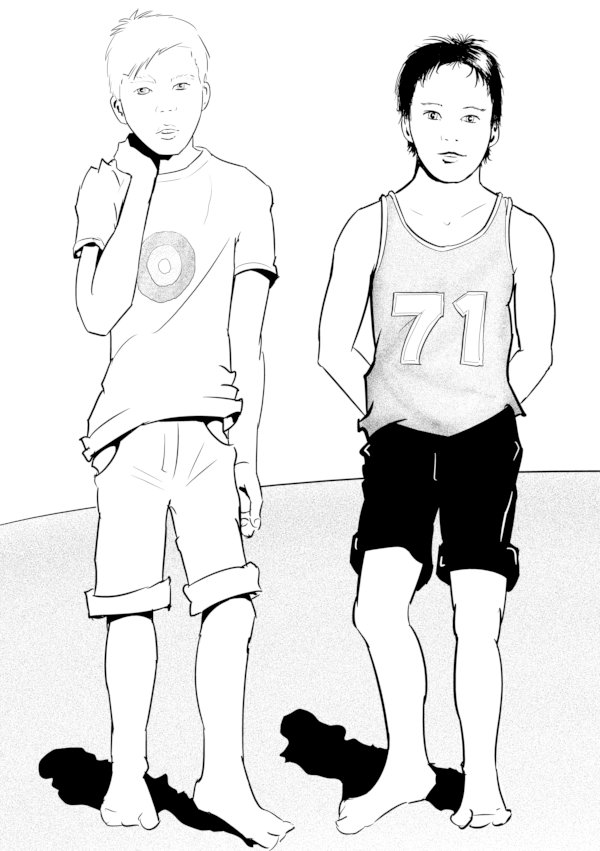 Two boys posing - ink drawing